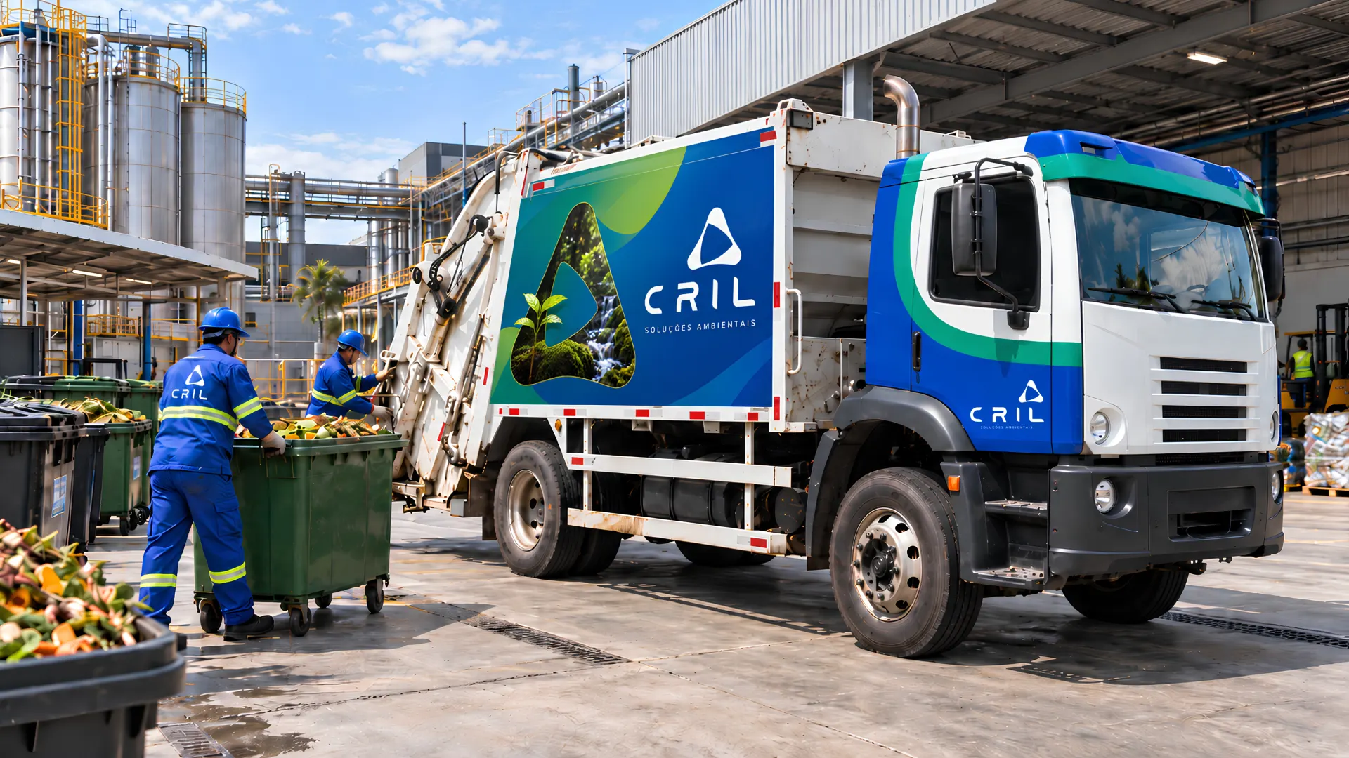 Caminhão coletor compactador da Cril em unidade industrial, com operadores uniformizados movimentando contêineres verdes de resíduos