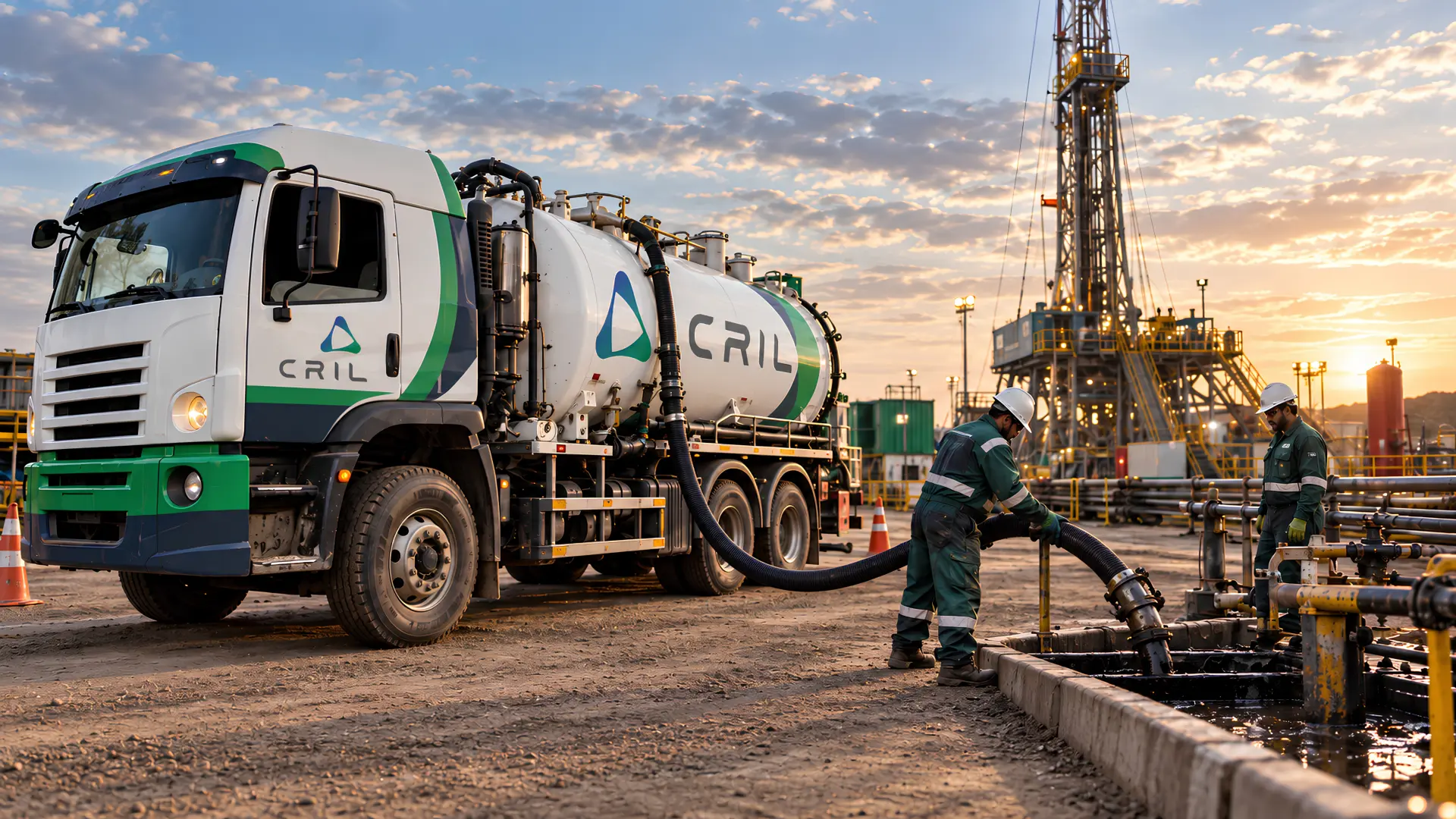 Caminhão sugador da Cril em operação em área de petróleo e gás